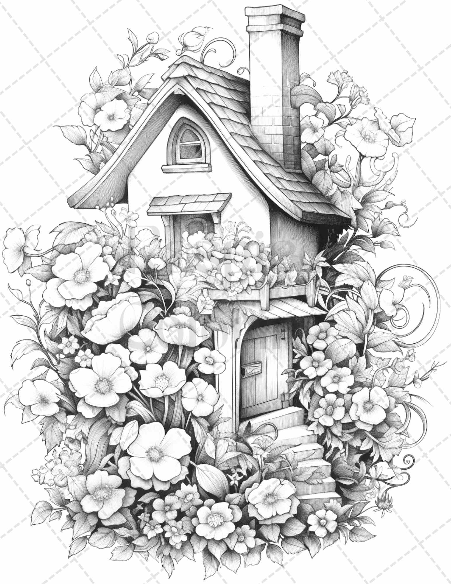 60 Flower Houses Grayscale Coloring Pages Printable for Adults, PDF File Instant Download