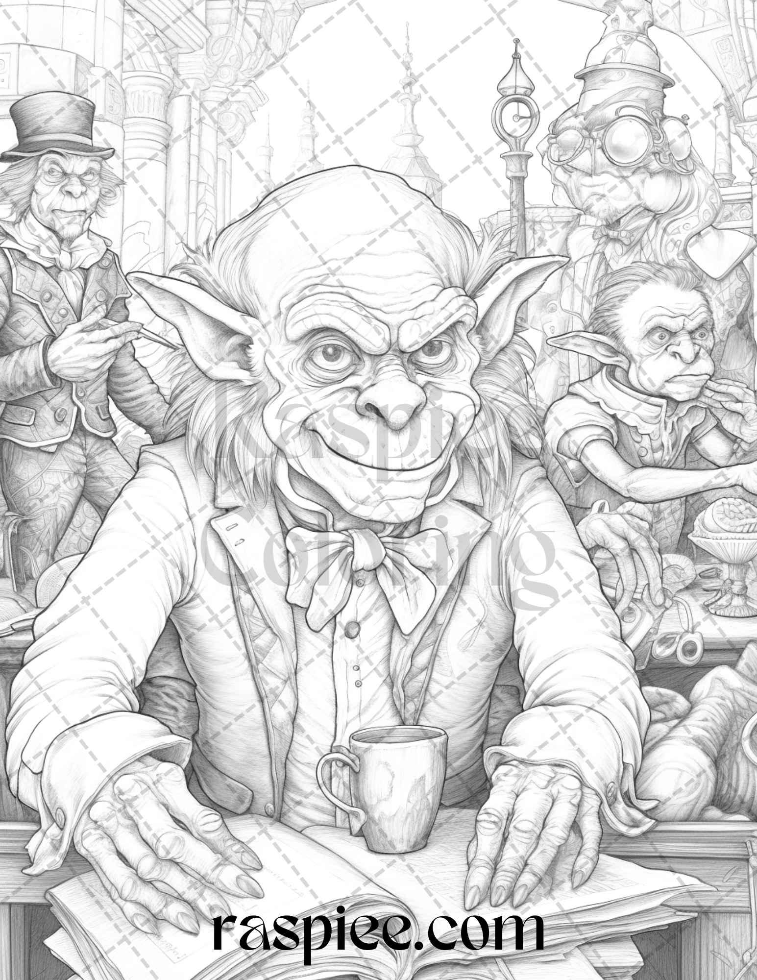 Fantasy Goblins Grayscale Coloring Pages Printable for Adults, PDF File Instant Download