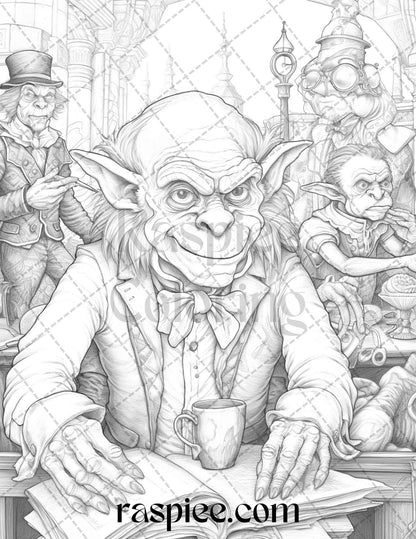 Fantasy Goblins Grayscale Coloring Pages Printable for Adults, PDF File Instant Download
