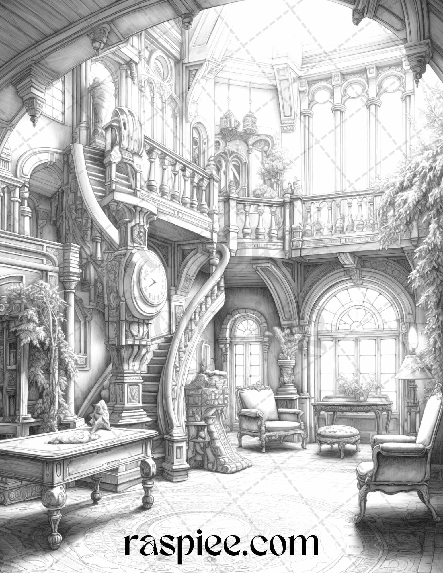 Fantasy Interior Grayscale Coloring Pages for Adults, Printable PDF File Instant Download
