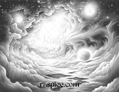 55 Celestial Landscapes Grayscale Coloring Pages Printable for Adults, PDF File Instant Download