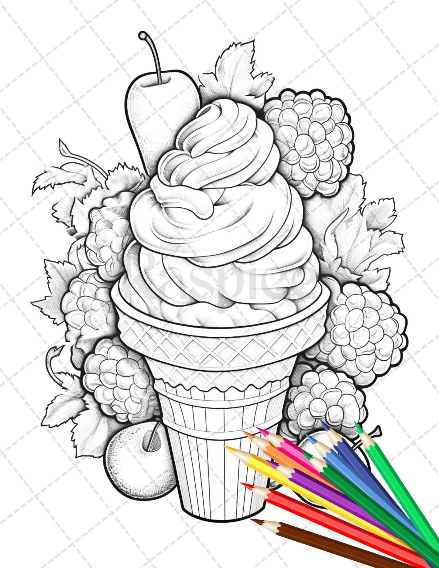 52 Printable Ice Cream Desserts Coloring Pages for Adults and Kids, Grayscale Coloring Page, PDF File Instant Download