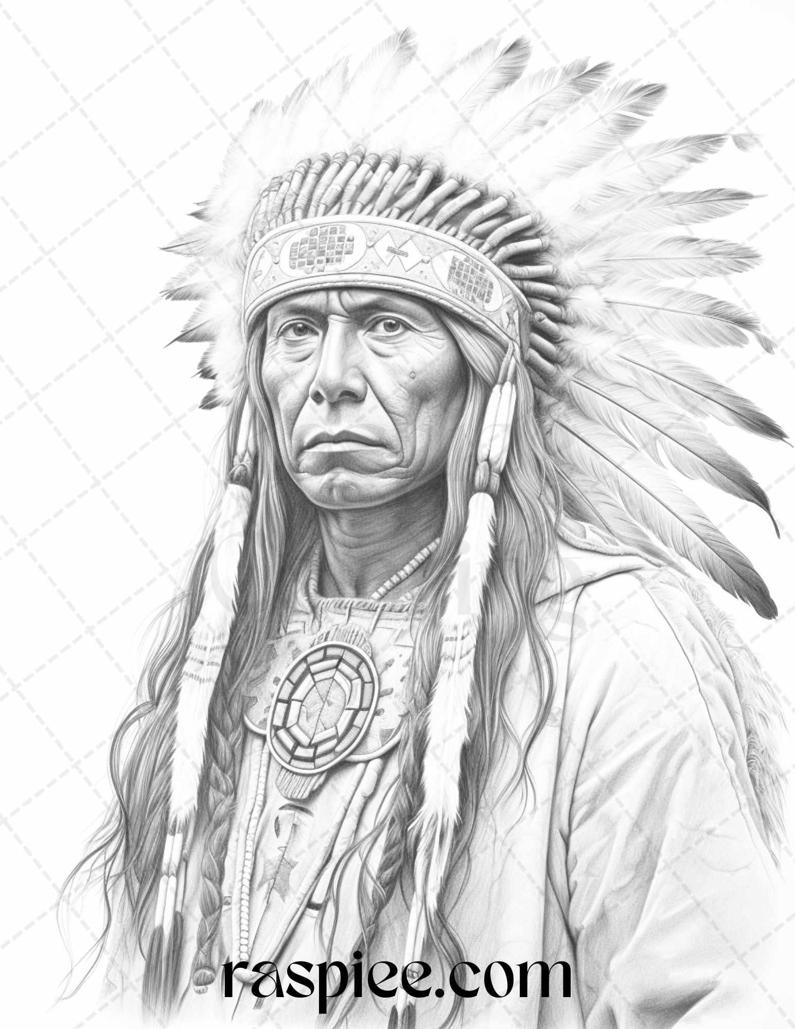 Native American Portrait Grayscale Coloring Pages Printable for Adults, PDF File Instant Download