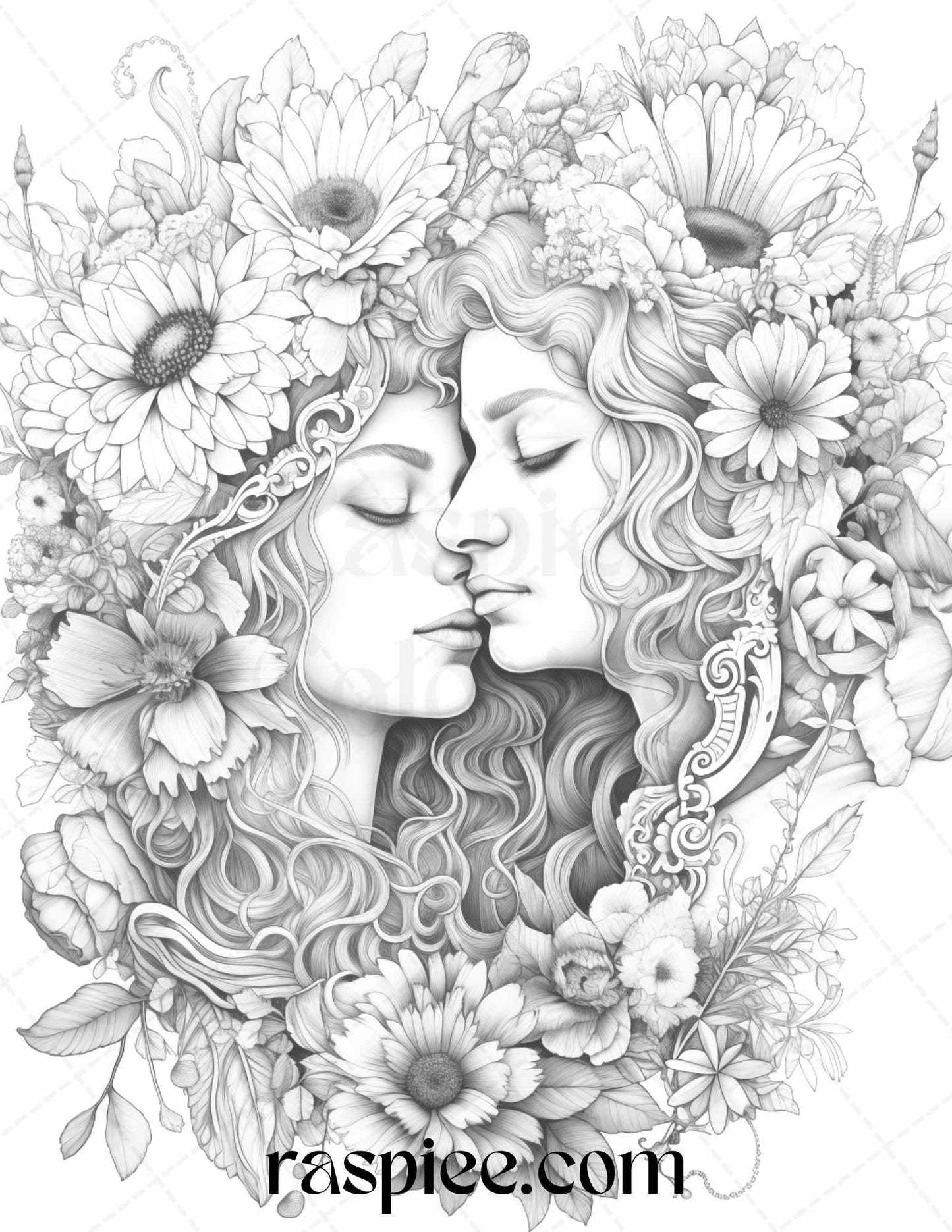 50 Romantic Couple Flowers Grayscale Coloring Pages Printable for Adults, PDF File Instant Download