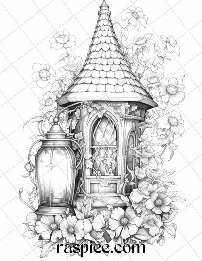 50 Lantern Fairy Houses Grayscale Coloring Pages Printable for Adults, PDF File Instant Download