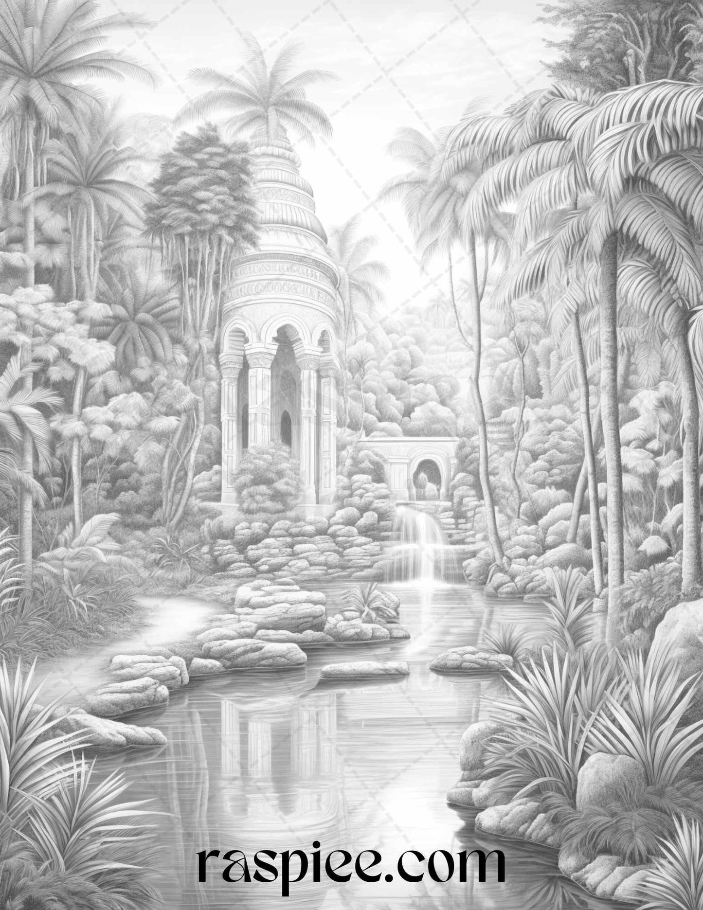 52 Tropical Oasis Grayscale Coloring Pages Printable for Adults, PDF File Instant Download
