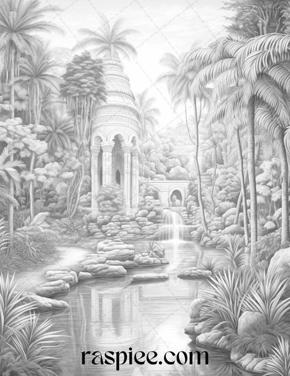 52 Tropical Oasis Grayscale Coloring Pages Printable for Adults, PDF File Instant Download