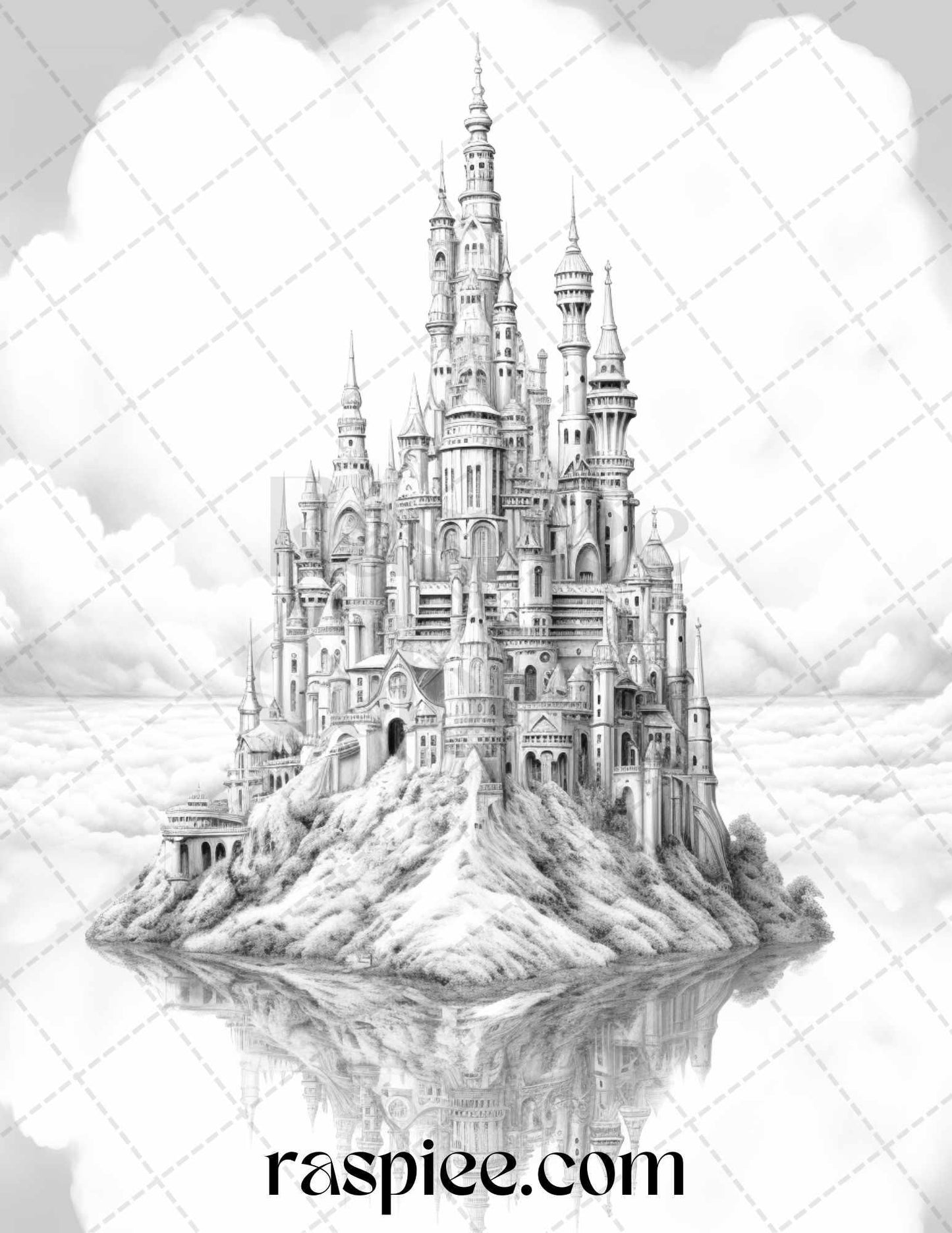 Floating Castle in the Sky Grayscale Coloring Pages for Adults, Printable PDF File Instant Download