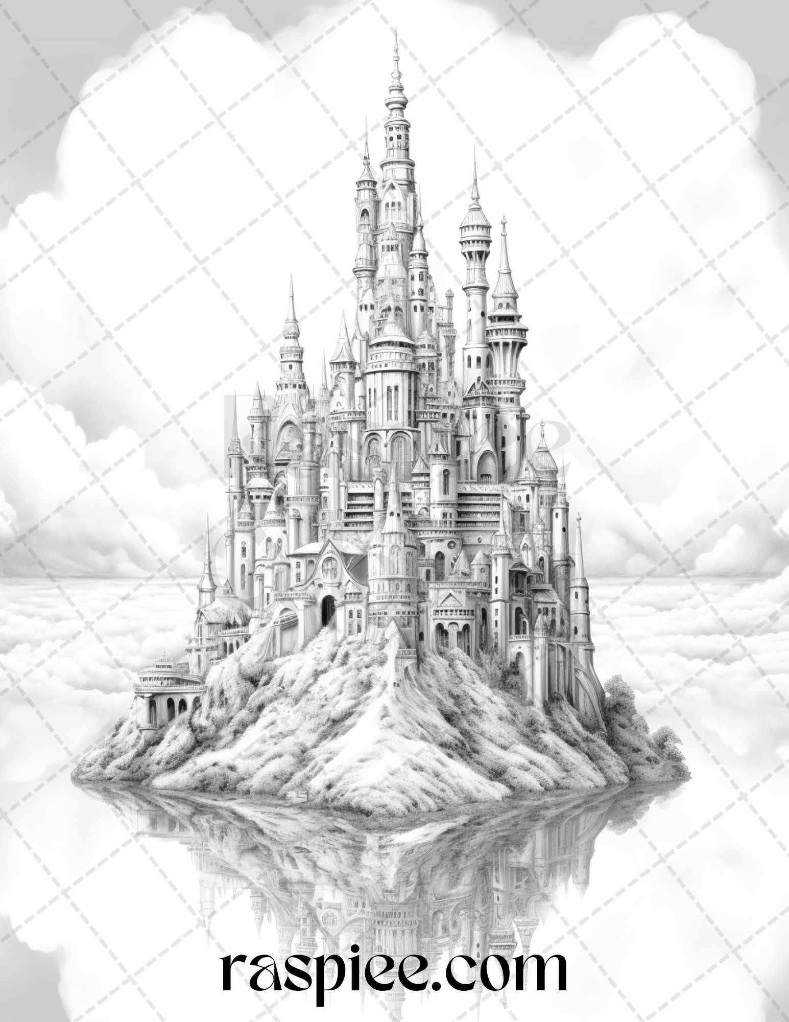 Floating Castle in the Sky Grayscale Coloring Pages for Adults, Printable PDF File Instant Download