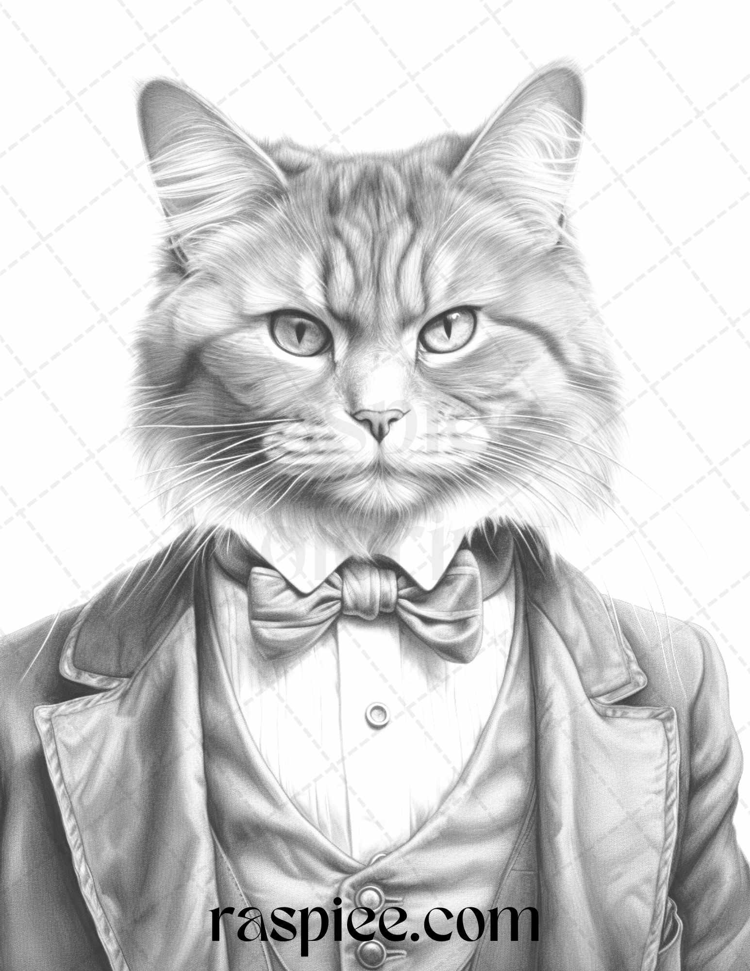 Gentleman Cat Grayscale Coloring Pages Printable for Adults Kids, PDF File Instant Download
