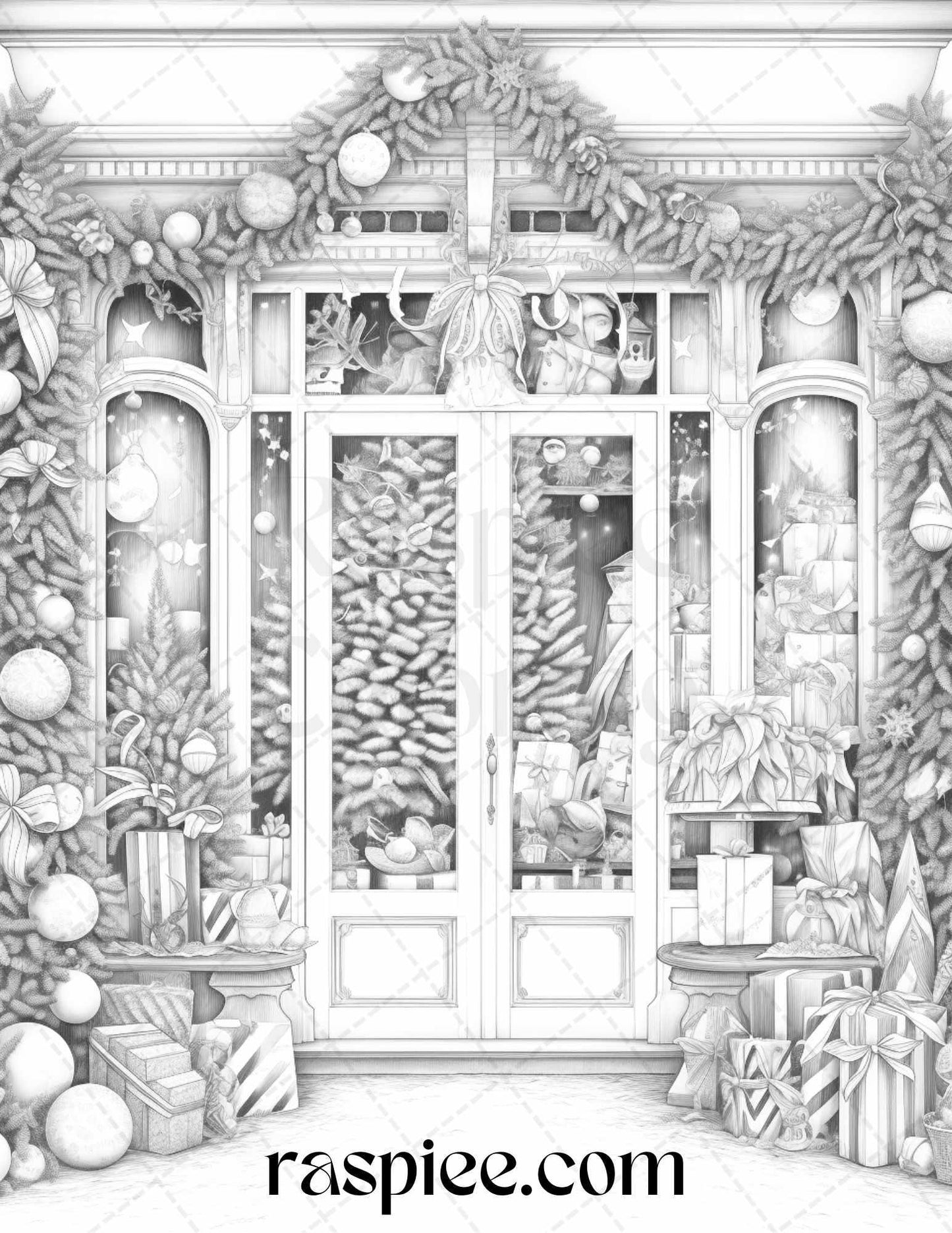 Christmas Store Front Grayscale Coloring Pages for Adults, PDF Printable Instant Download