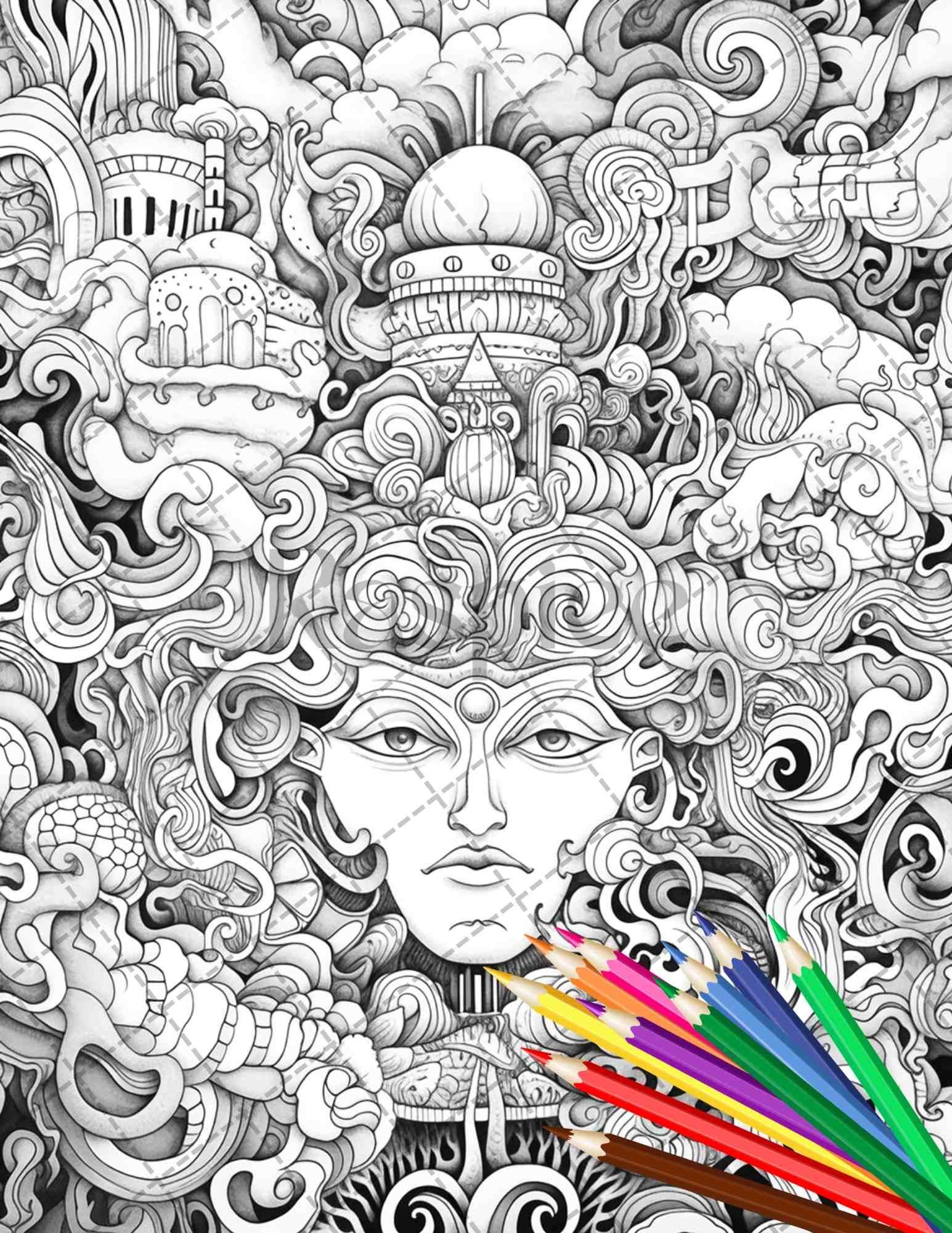 Psychedelic Trippy Coloring Book Printable for Adults, Grayscale Coloring Page, PDF File Instant Download