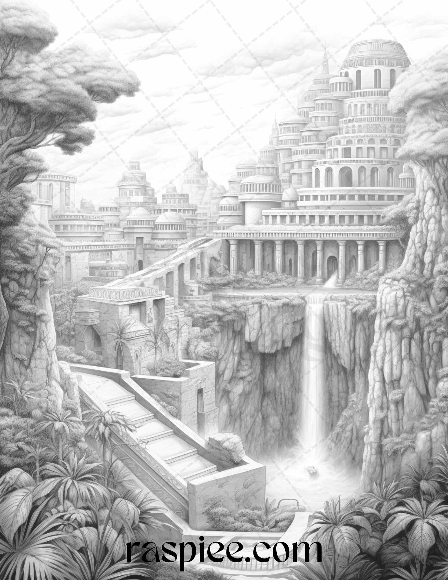 Hanging Gardens of Babylon Grayscale Coloring Pages Printable, PDF File Instant Download