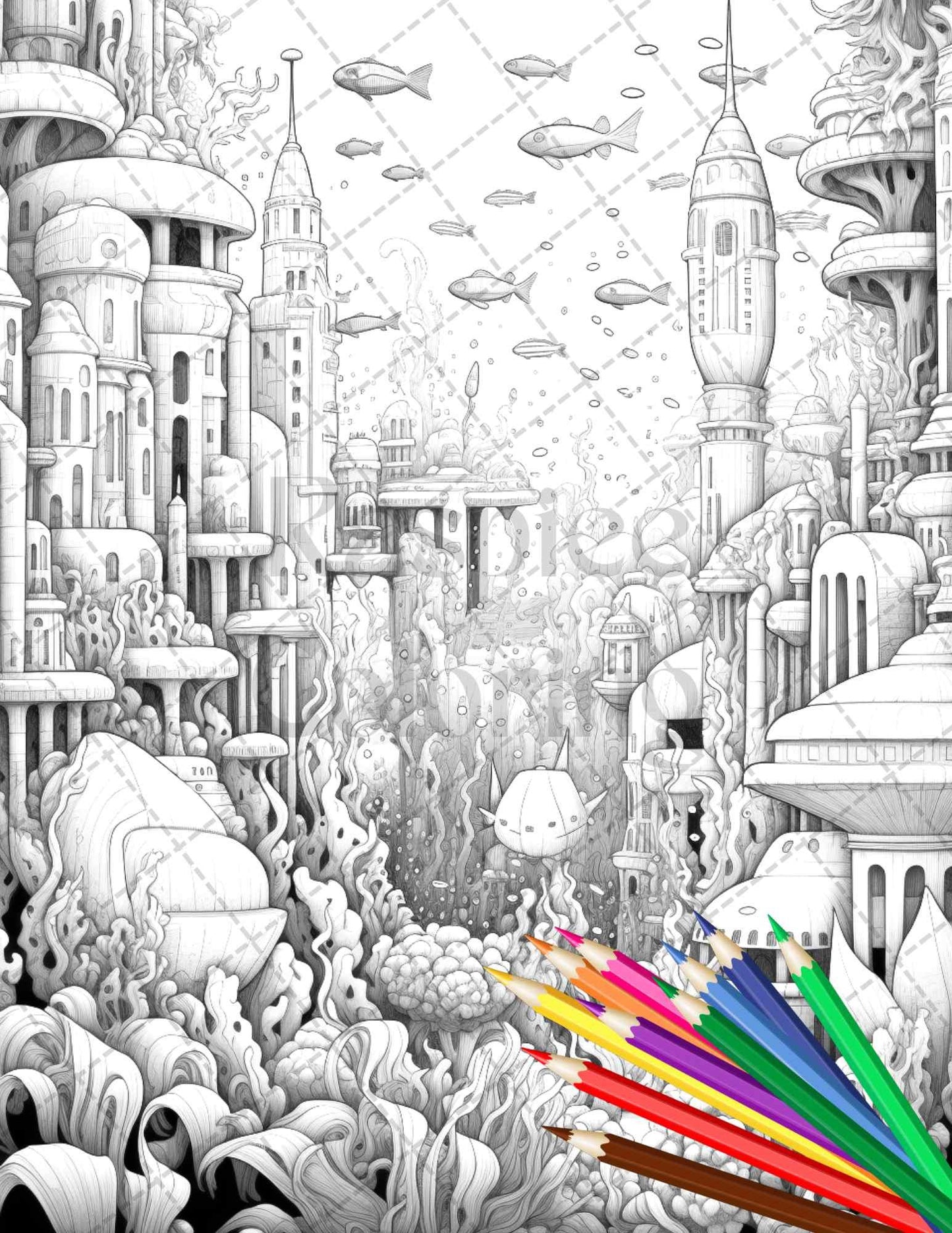 Enchanted Underwater City Grayscale Coloring Pages Printable for Adults, PDF File Instant Download