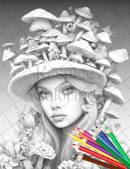 50 Mushroom Fairy Grayscale Coloring Pages Printable for Adults, PDF File Instant Download