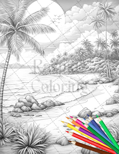 Beautiful Tropical Beach Grayscale Coloring Pages Printable for Adults, PDF File Instant Download