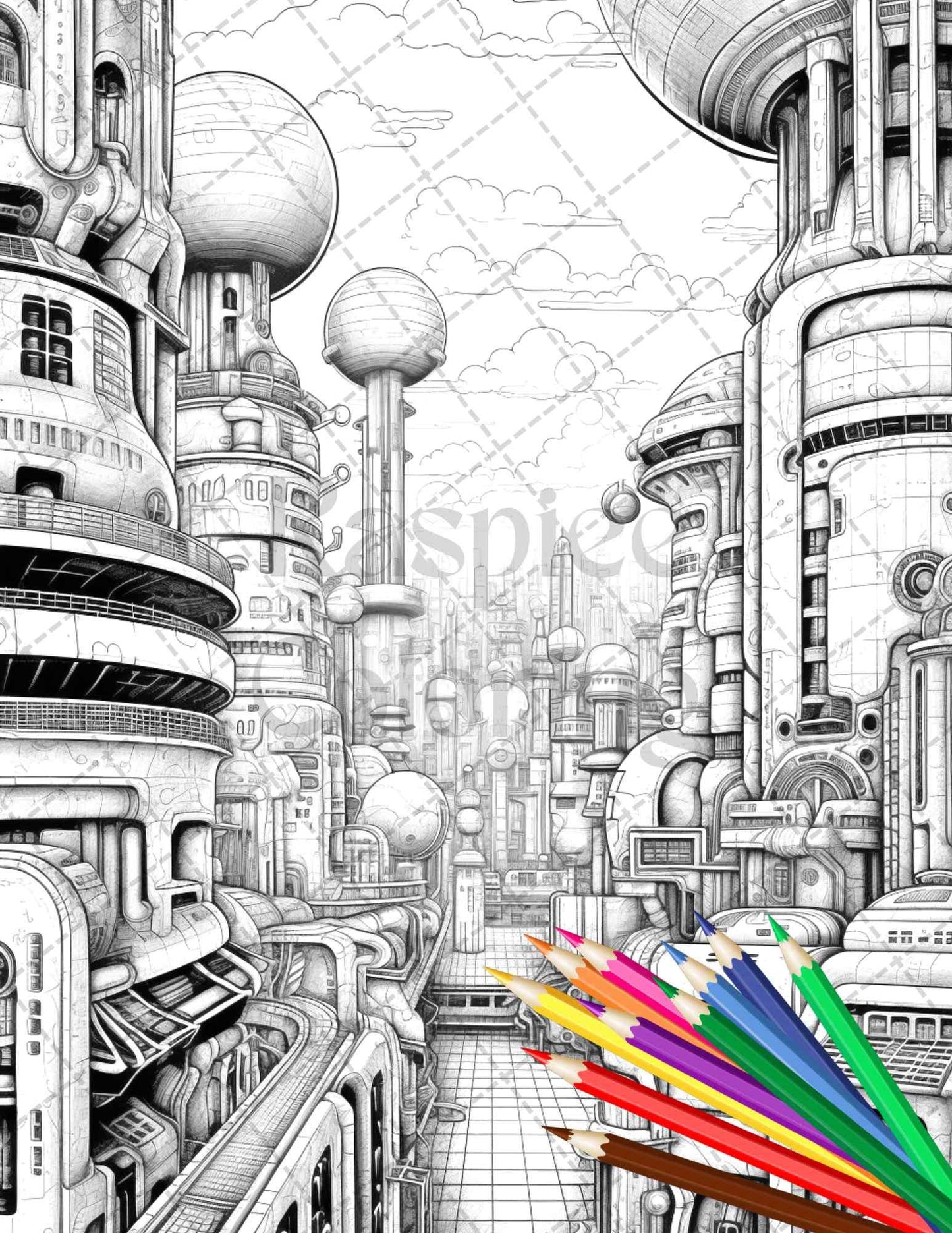 50 Futuristic Metropolis Grayscale Coloring Pages Printable for Adults, PDF File Instant Download