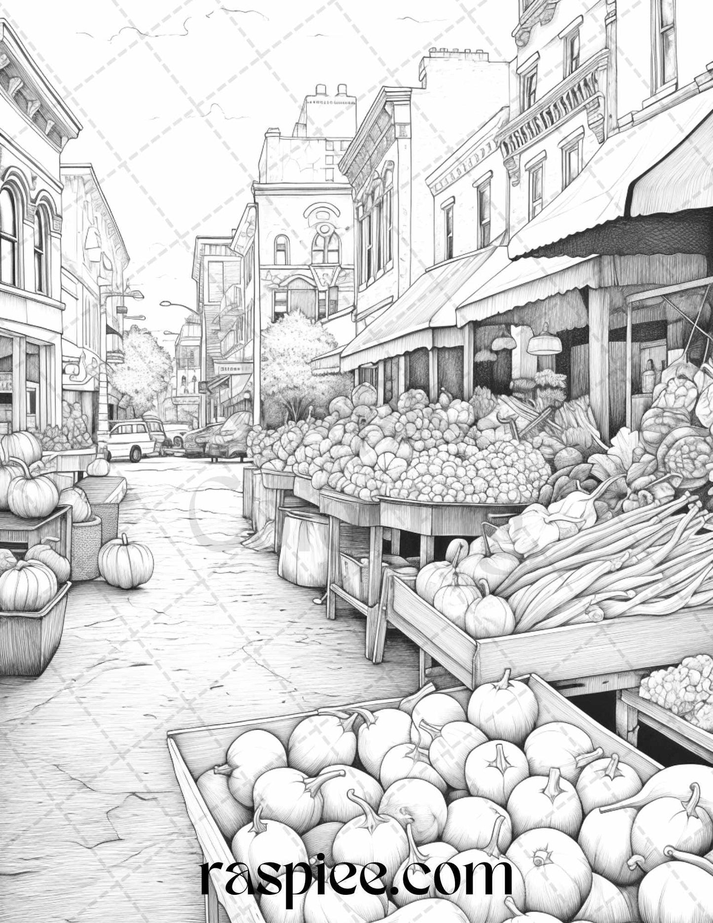 Autumn Street Markets Grayscale Coloring Pages for Adults, Printable PDF File Instant Download