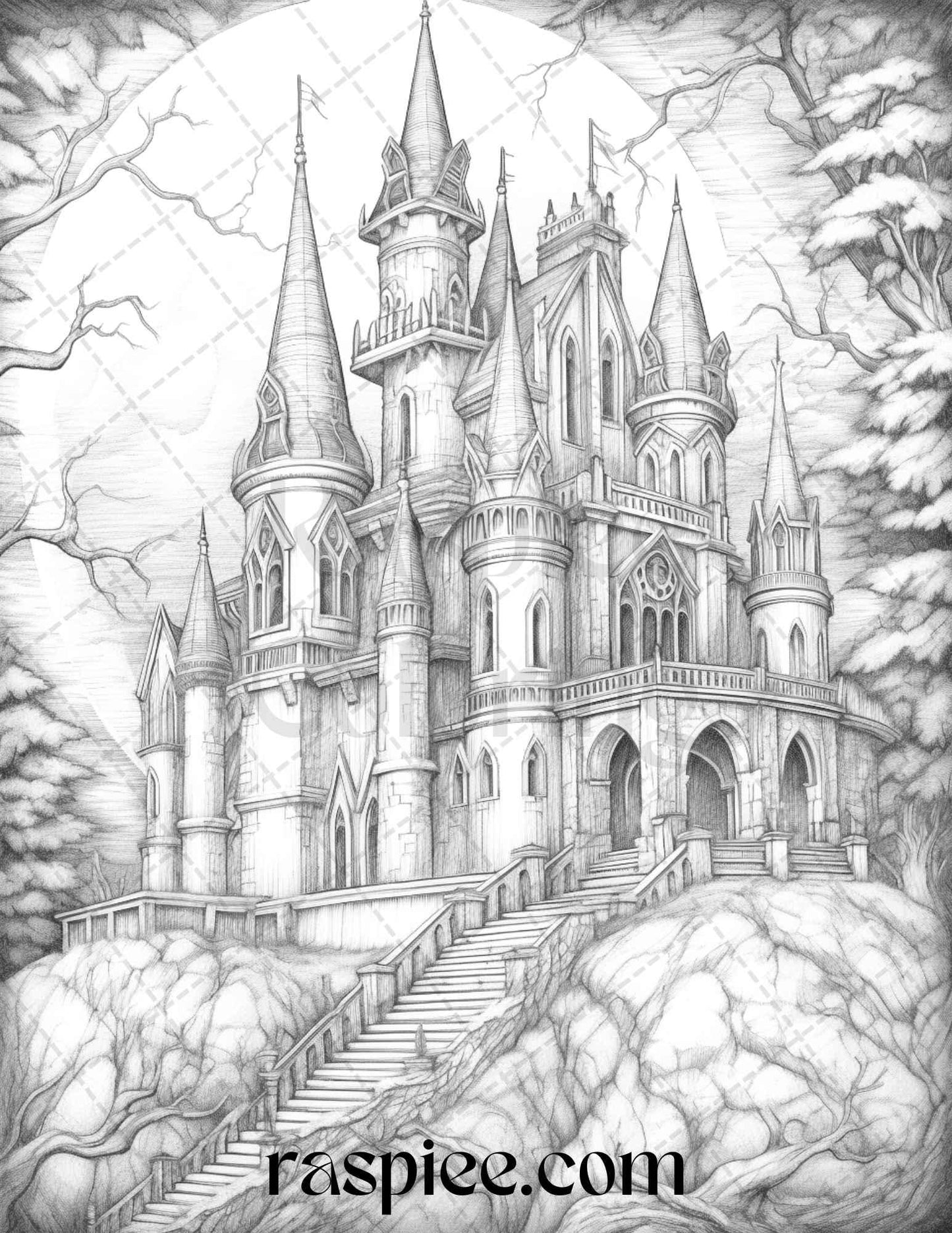 50 Haunted Castles Grayscale Coloring Pages Printable, Halloween Coloring Book, PDF File Instant Download
