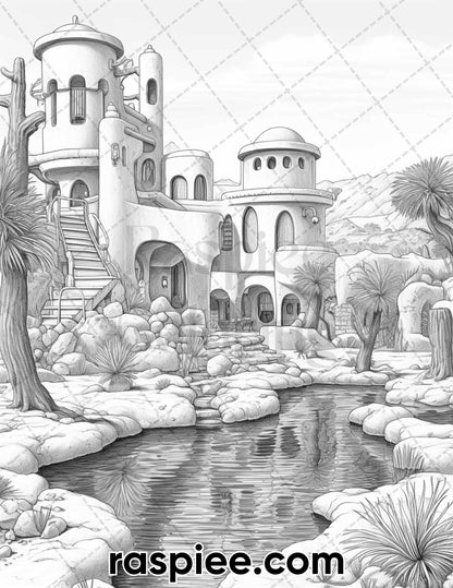 55 Desert Oasis Fairy Homes Grayscale Coloring Pages for Adults, Printable PDF Instant Download