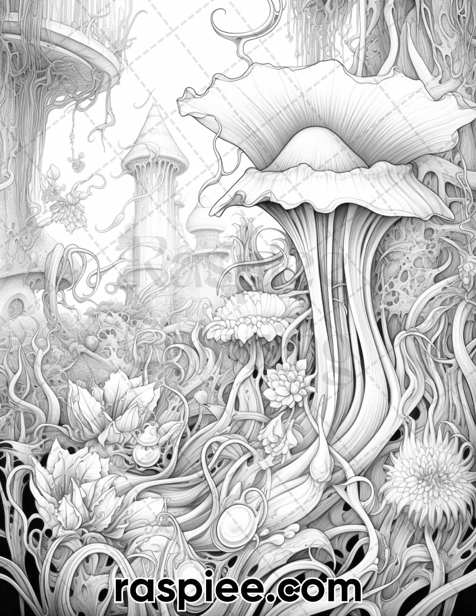 55 Fantasy Flowers Grayscale Coloring Pages for Adults, Printable PDF File Instant Download