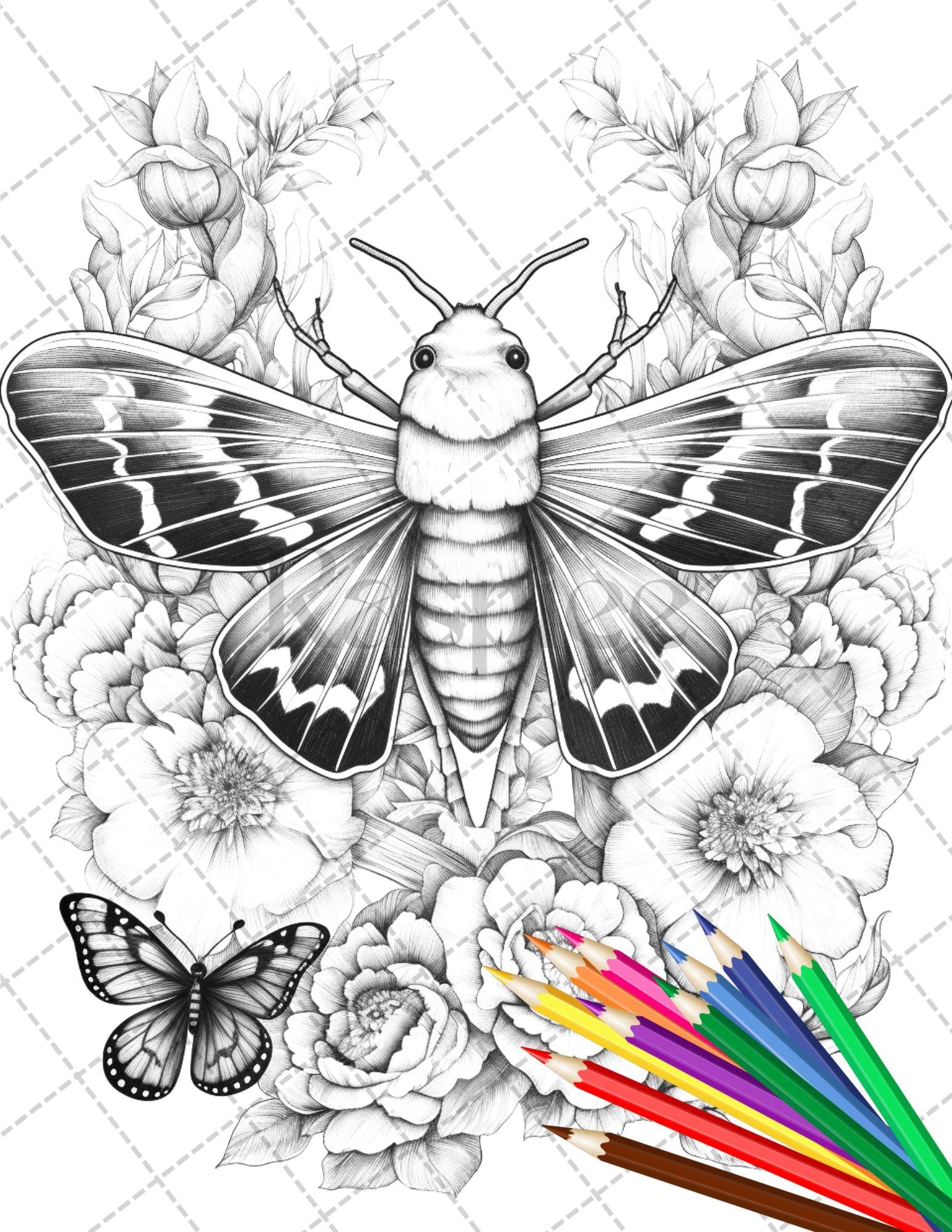 32 Beautiful Moths and Floral Coloring Book for Adults, Grayscale Coloring Page, Printable PDF Instant Download