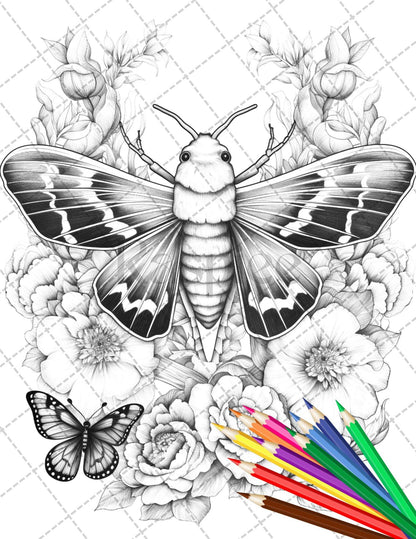 32 Beautiful Moths and Floral Coloring Book for Adults, Grayscale Coloring Page, Printable PDF Instant Download