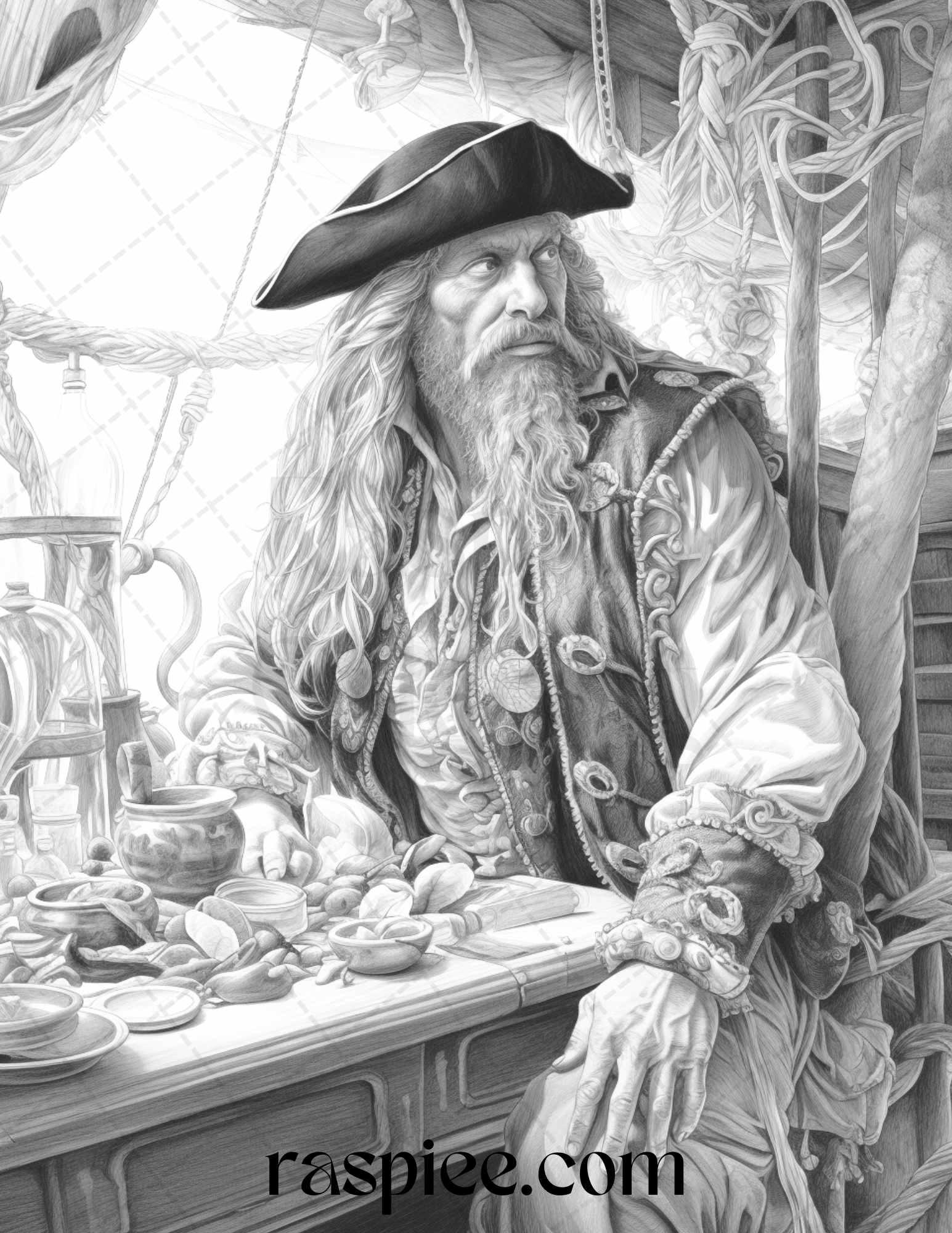 60 Pirate Life Grayscale Coloring Pages Printable for Adults, Stress Relief Coloring, PDF File Instant Download