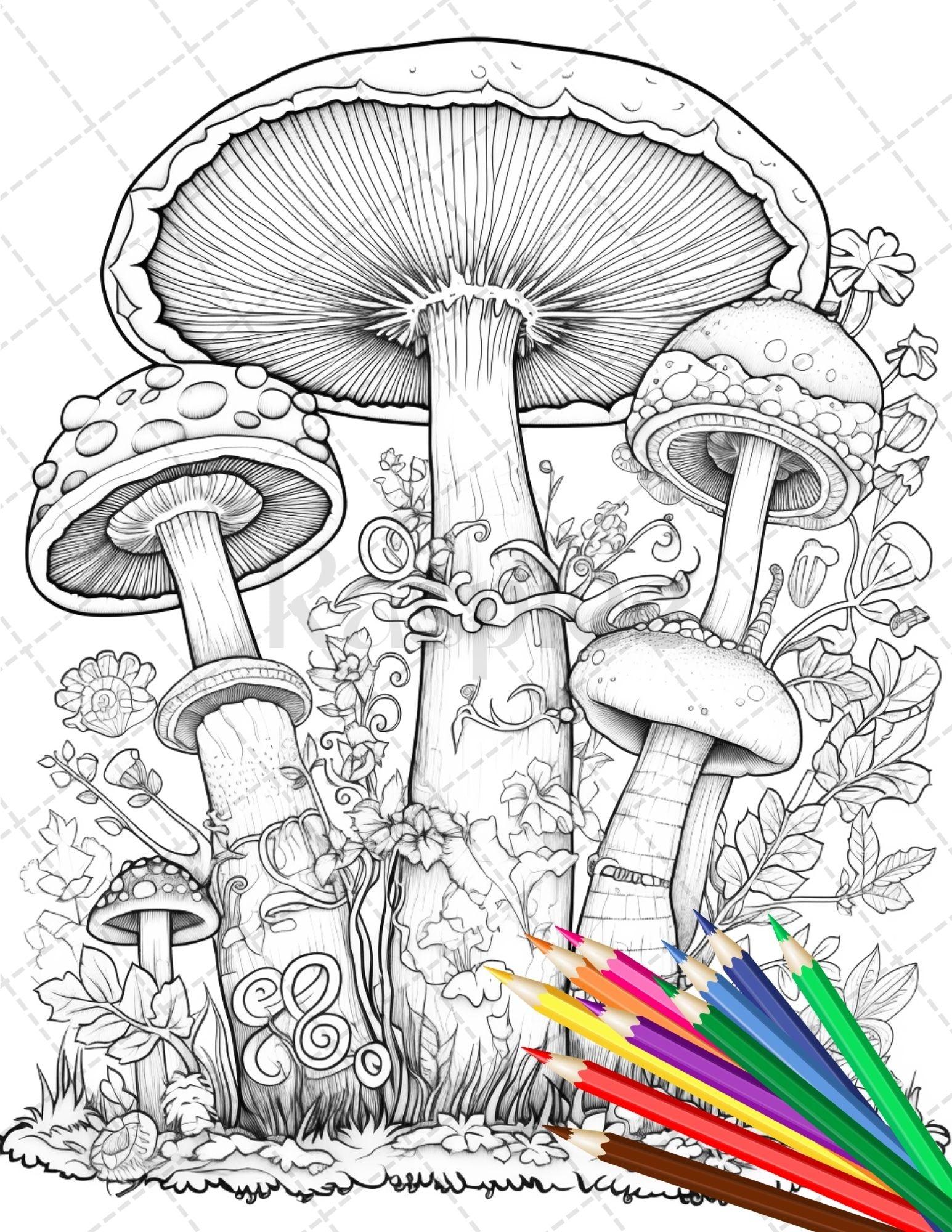 Psychedelic Mushroom Forest Coloring Book Printable for Adults, Trippy Grayscale Coloring Page, PDF File Instant Download