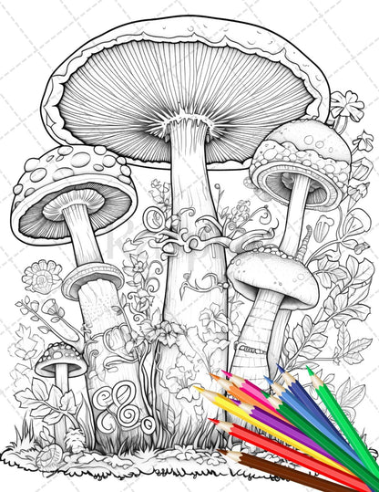 Psychedelic Mushroom Forest Coloring Book Printable for Adults, Trippy Grayscale Coloring Page, PDF File Instant Download