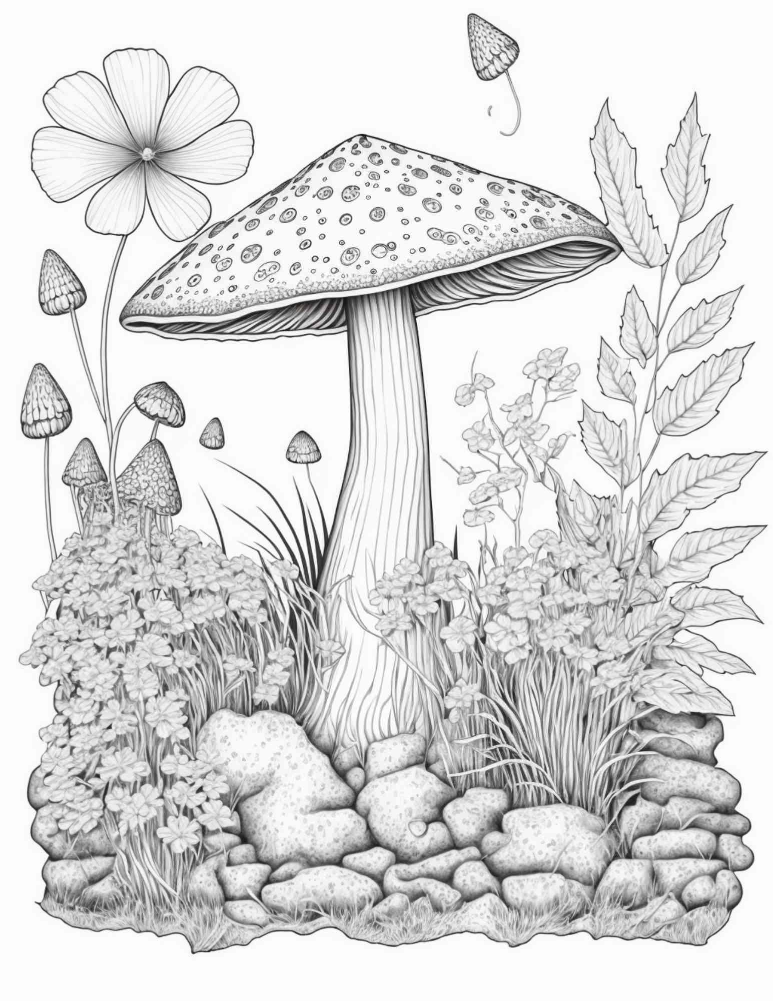 100 Mushroom Forest Coloring Pages Printable for Adults and Kids, Grayscale Coloring Book, Printable PDF File Instant Download