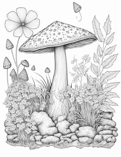 100 Mushroom Forest Coloring Pages Printable for Adults and Kids, Grayscale Coloring Book, Printable PDF File Instant Download