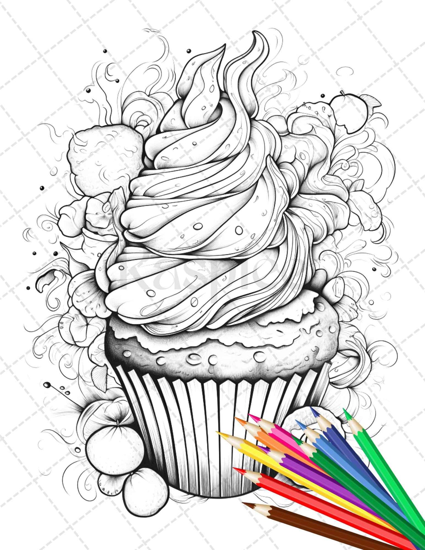 36 Sweet Desserts Coloring Pages Printable for Adults, Grayscale Coloring Page, PDF File Instant Download
