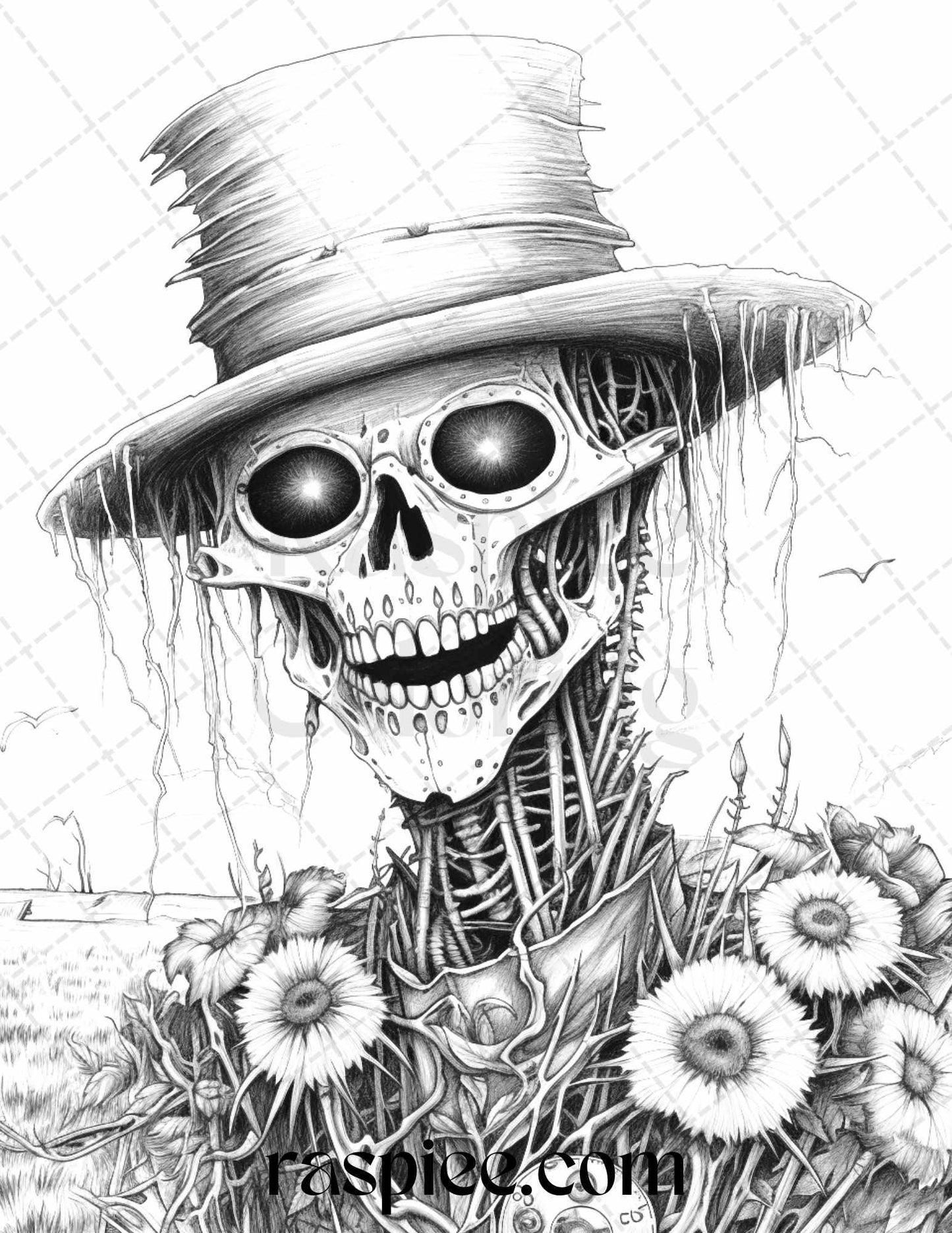 53 Scary Steampunk Scarecrows Grayscale Coloring Pages Printable for Adults, PDF File Instant Download
