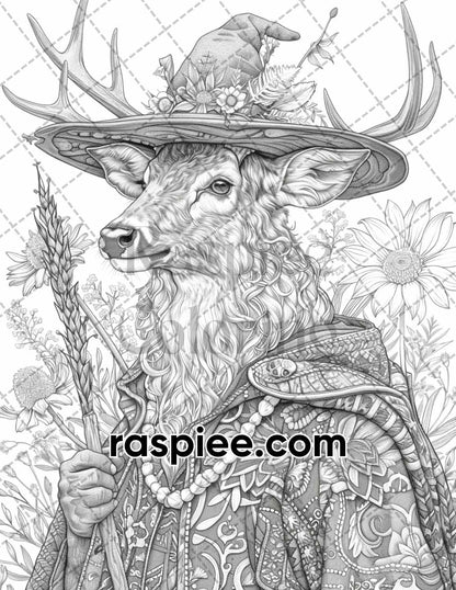 77 Wizard Animals Grayscale Adult Coloring Pages Printable PDF Instant Download