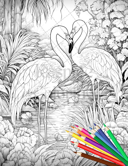 Flamingo Oasis Grayscale Coloring Pages Printable for Adults, PDF File Instant Download
