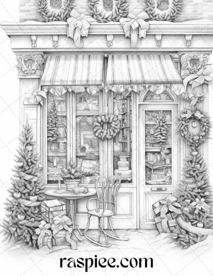 Christmas Store Front Grayscale Coloring Pages for Adults, PDF Printable Instant Download
