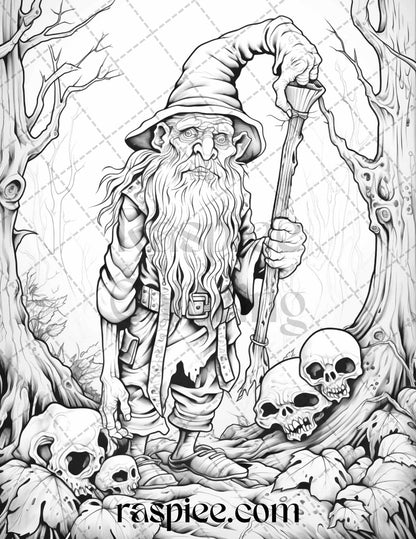 50 Horror Zombie Gnomes Grayscale Coloring Pages Printable for Adults, PDF File Instant Download
