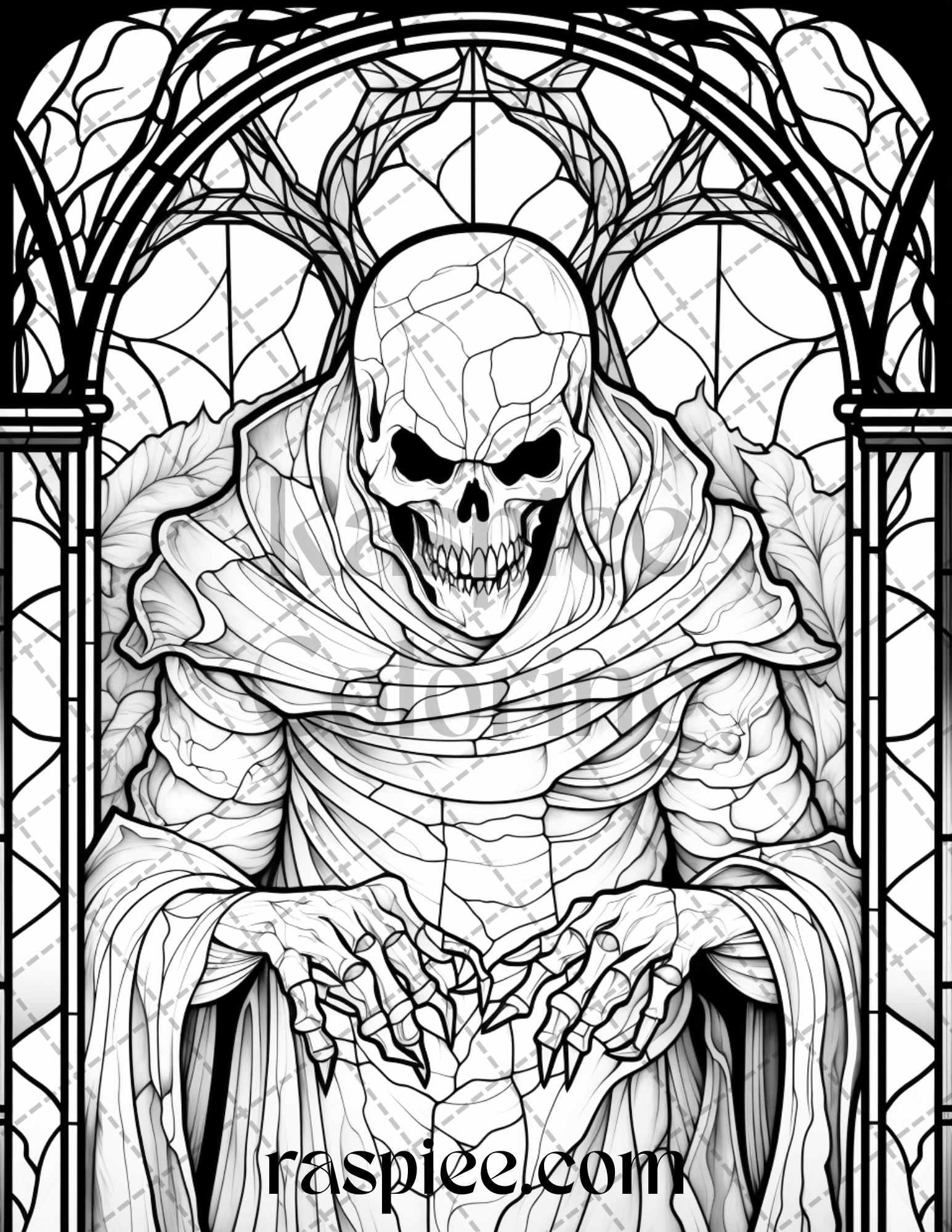 70 Halloween Stained Glass Grayscale Coloring Pages Printable for Adults, PDF File Instant Download