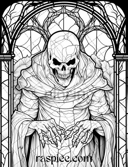 70 Halloween Stained Glass Grayscale Coloring Pages Printable for Adults, PDF File Instant Download