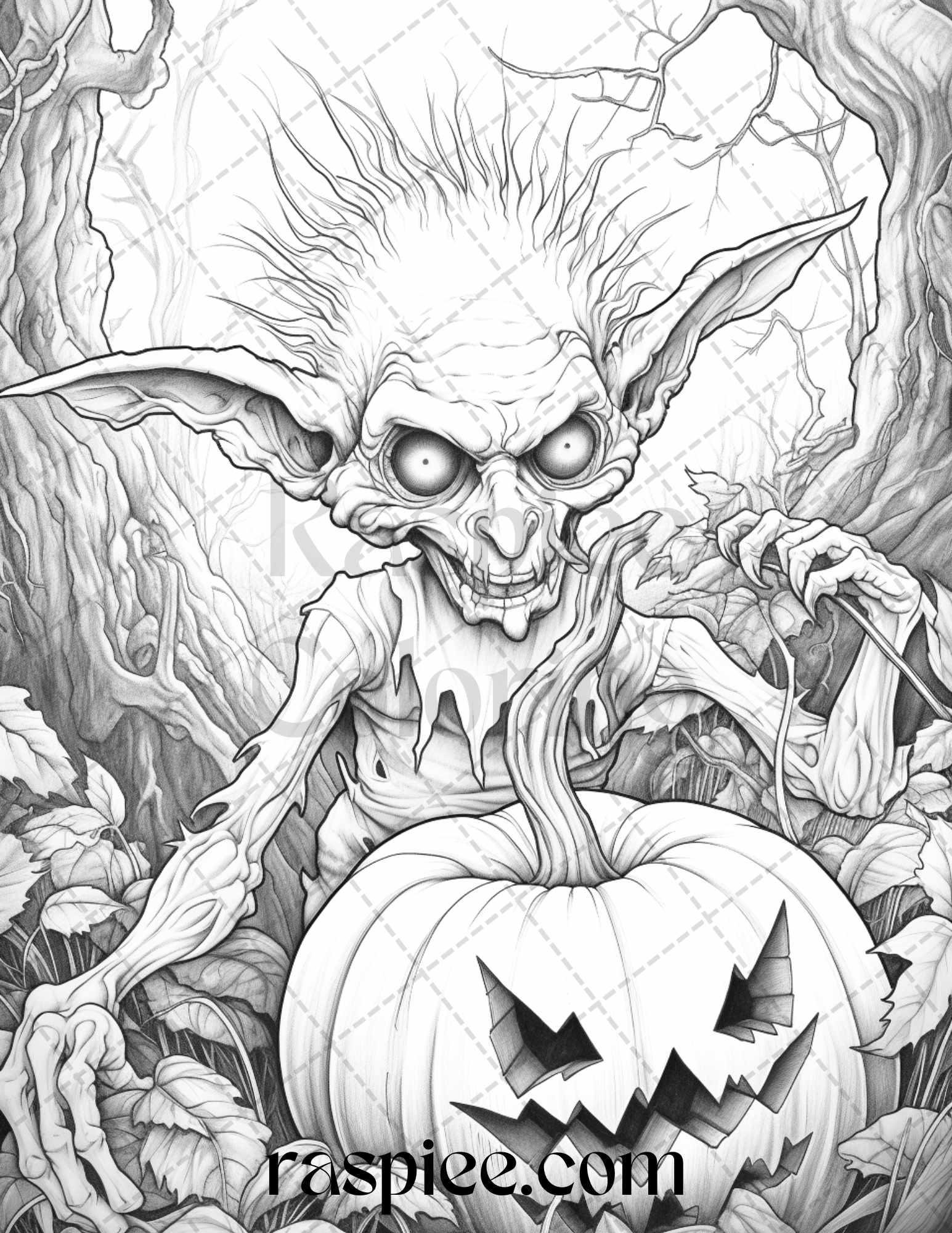 50 Halloween Goblin Grayscale Coloring Pages Printable for Adults, PDF File Instant Download