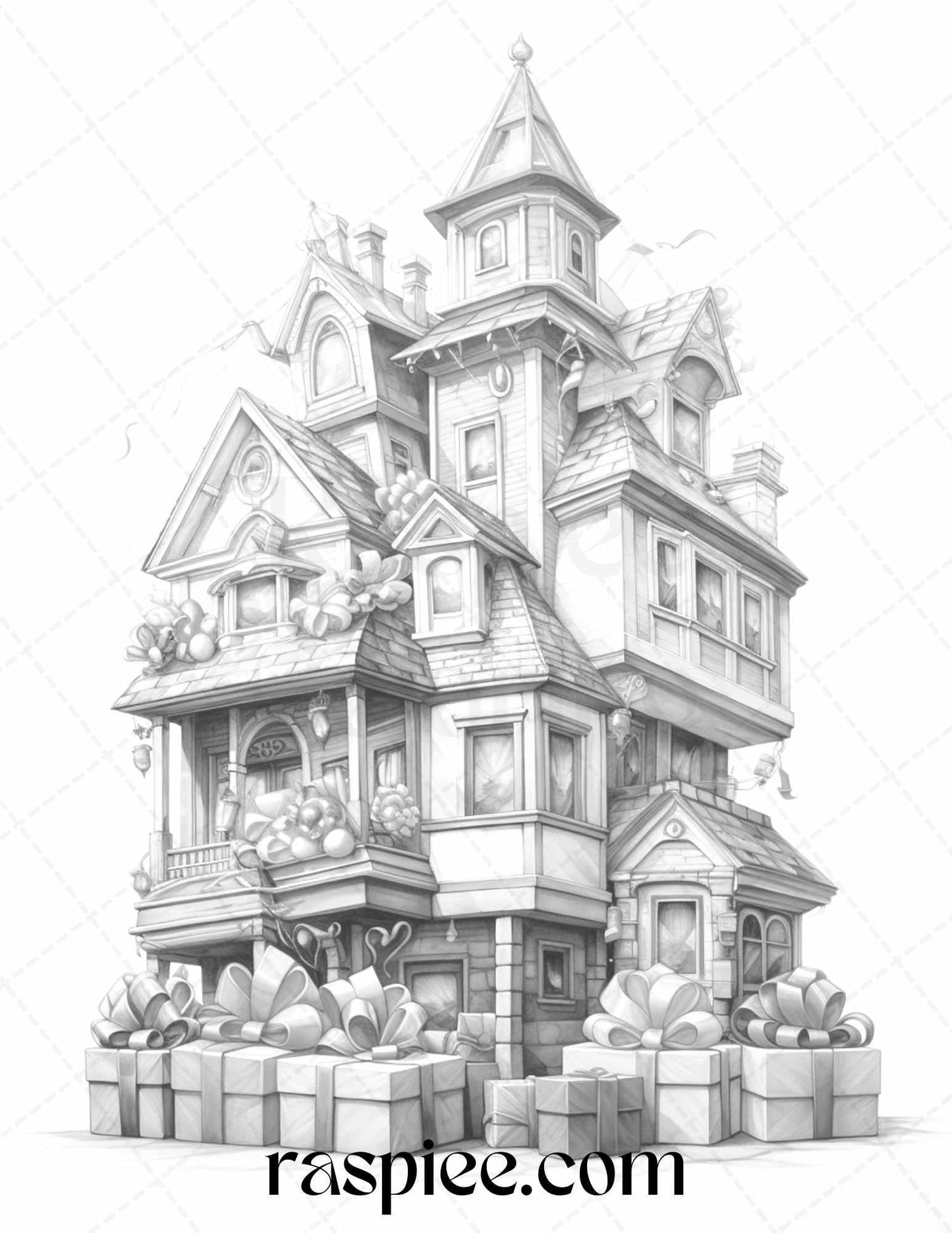 40 Adorable Gift Box Houses Grayscale Coloring Pages Printable for Adults Kids, PDF File Instant Download