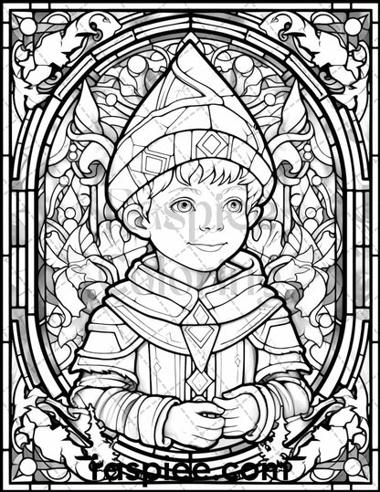 50 Christmas Stained Glass Grayscale Coloring Pages for Adults, Printable PDF File Instant Download