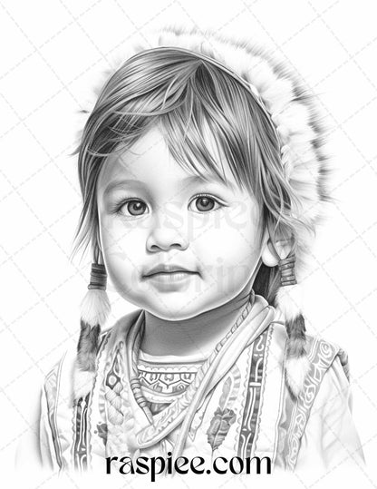 50 Native American Little Girls Boys Grayscale Coloring Pages Printable for Adults Kids, PDF File Instant Download
