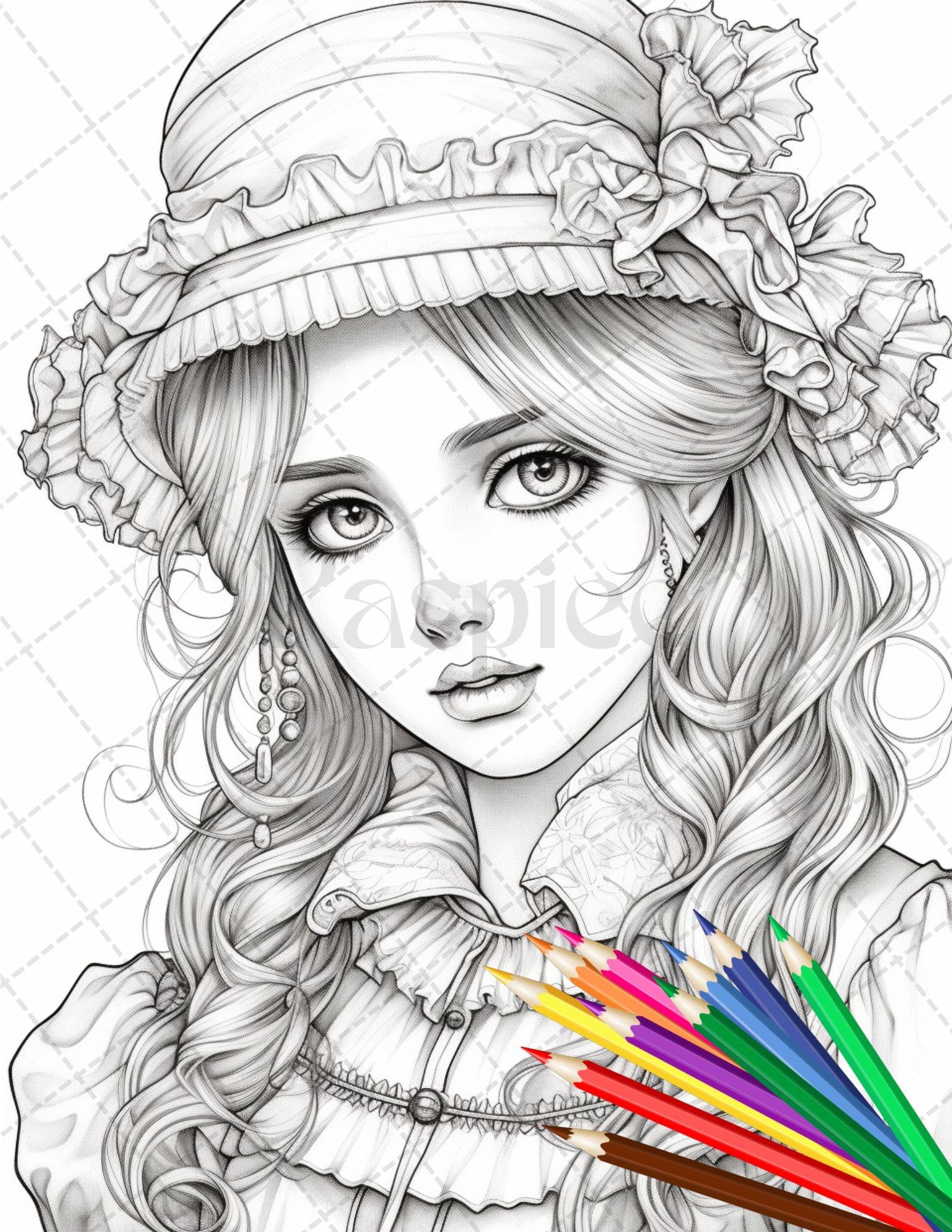 36 Beautiful Victorian Girls Coloring Pages Printable for Adults, Grayscale Coloring Page, PDF File Instant Download