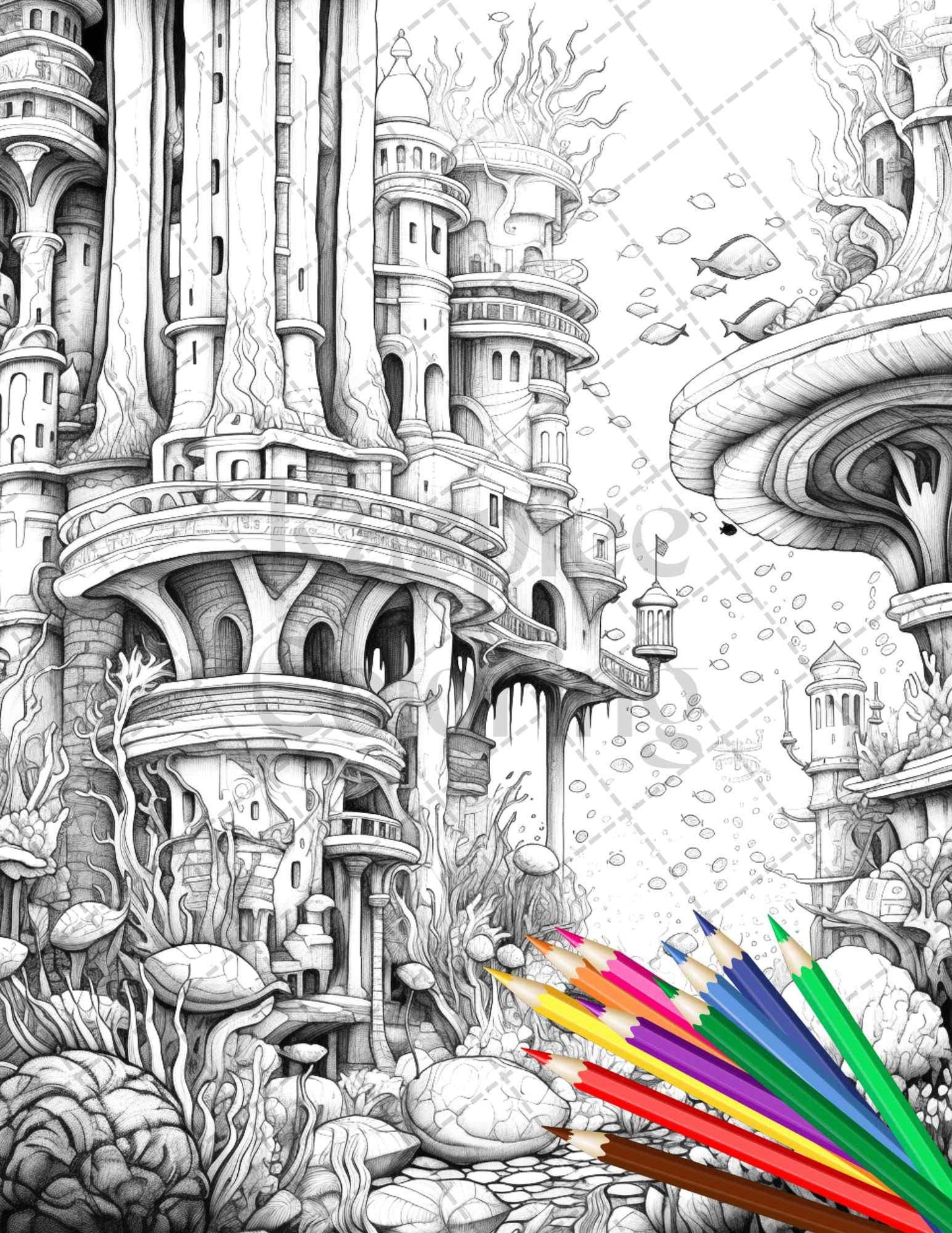 Enchanted Underwater City Grayscale Coloring Pages Printable for Adults, PDF File Instant Download
