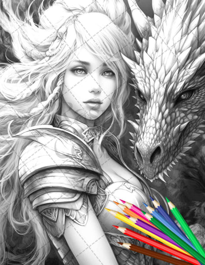 Enchanted Dragon Queens Grayscale Coloring Pages Printable for Adults, PDF File Instant Download
