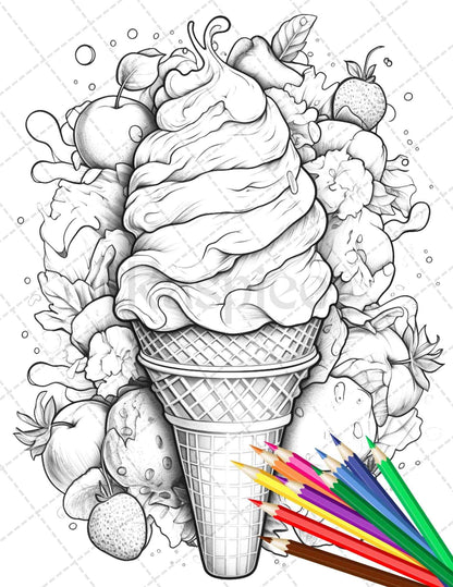 52 Printable Ice Cream Desserts Coloring Pages for Adults and Kids, Grayscale Coloring Page, PDF File Instant Download