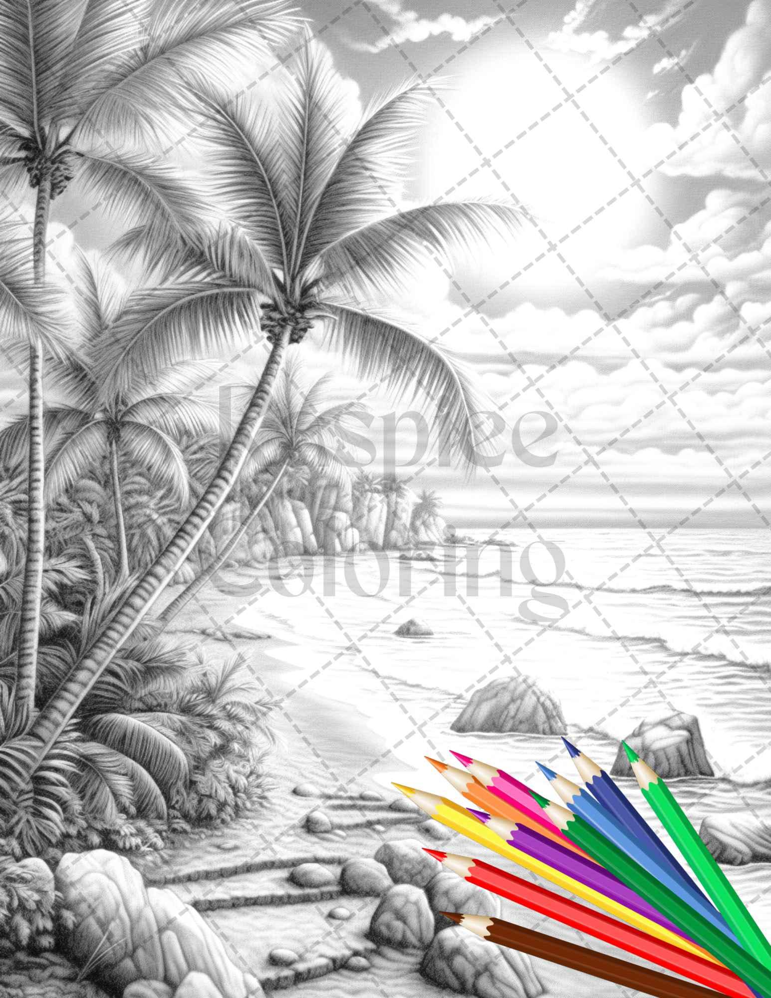 Beautiful Tropical Beach Grayscale Coloring Pages Printable for Adults, PDF File Instant Download