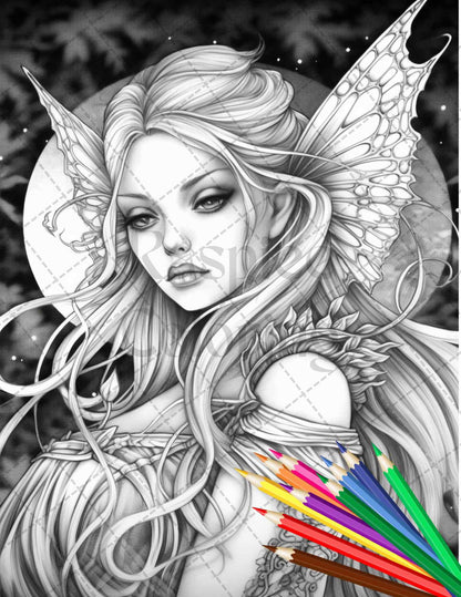 34 Beautiful Moon Fairies Grayscale Coloring Pages Printable for Adults, PDF File Instant Download